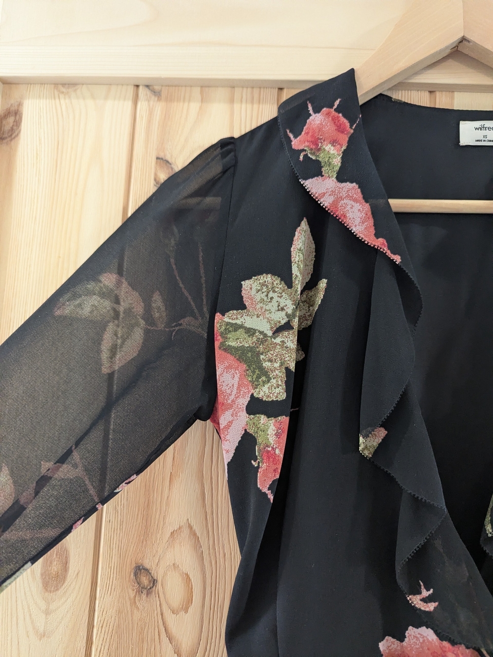 Wilfred Black Floral Wrap Dress Sheer Sleeve Mini Dress - Picture 4 of 9